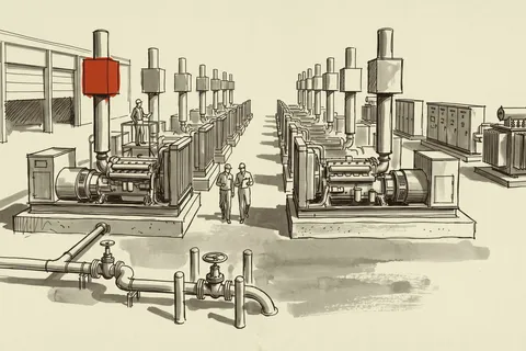A hundred megawatt bridge plant of containerized gas engines, exhaust catalysts and switchgear built alongside a datacenter waiting for its grid connection.