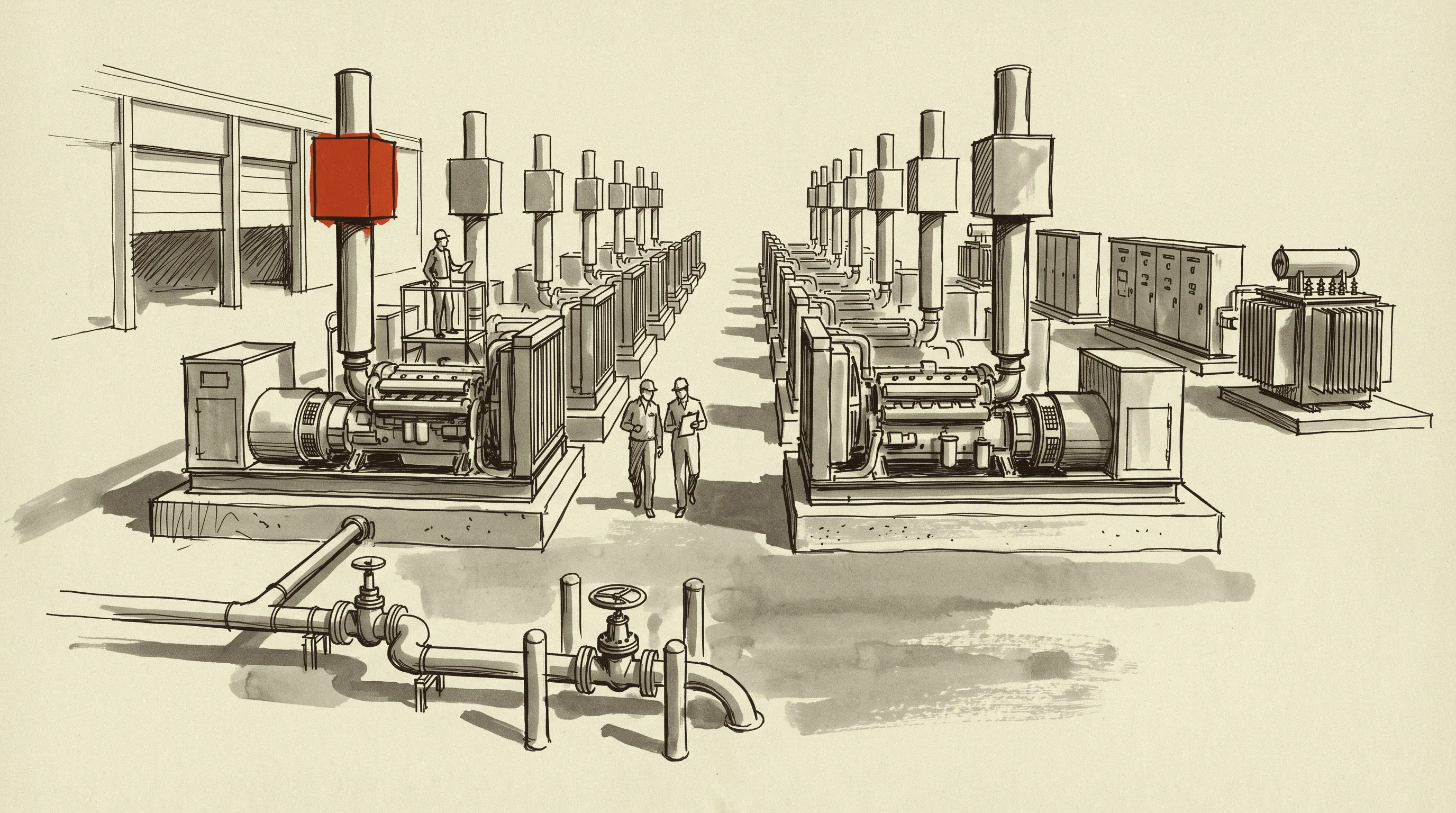 A hundred megawatt bridge plant of containerized gas engines, exhaust catalysts and switchgear built alongside a datacenter waiting for its grid connection.