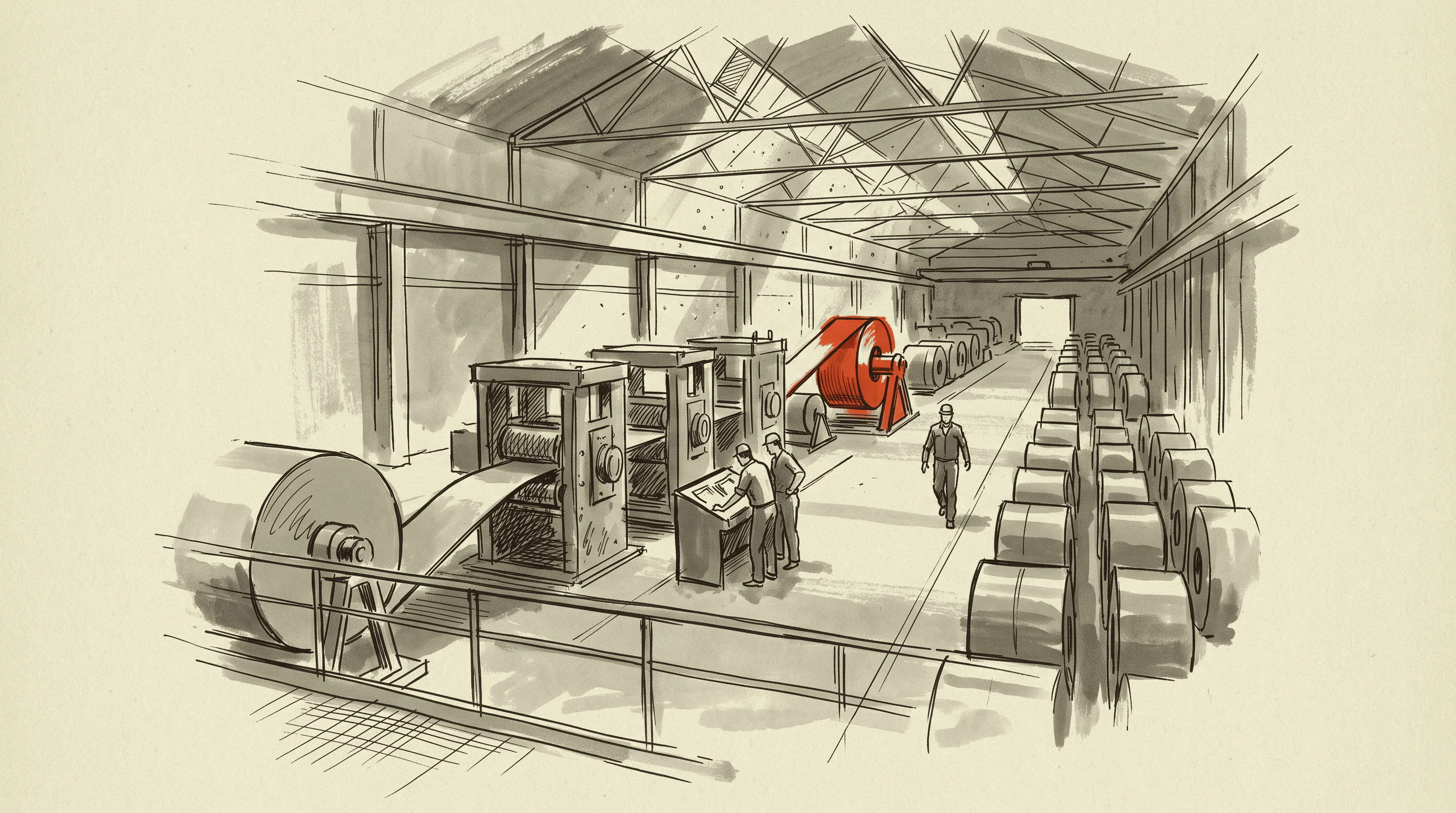 The three-stand tandem cold mill at Butler Works, where the country's only grain-oriented electrical steel is rolled to width.