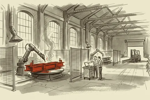 Robotic welding cells on the floor of a 1903 Cincinnati factory, the raw beams coming in by forklift and the engineers working from a laptop cart.