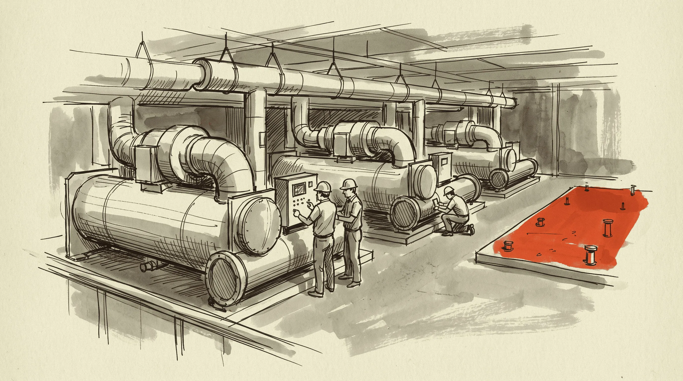 The chiller hall of a liquid-cooled build with four machines set and the fifth pad still empty.