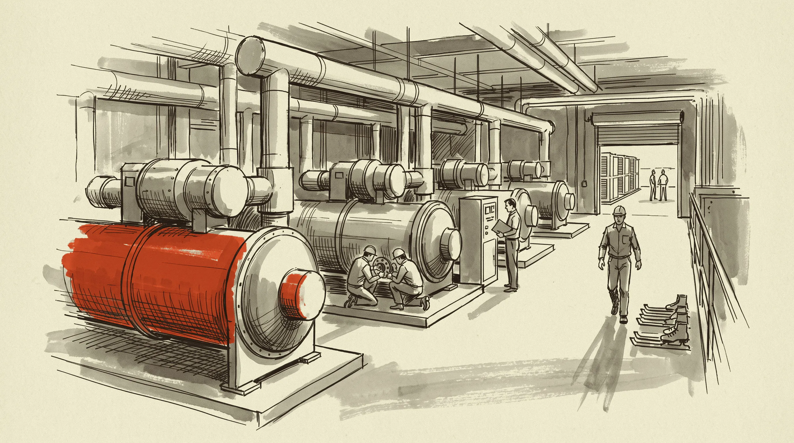 The cooling plant of a liquid-cooled hall with four chillers and one standby machine on their pads.