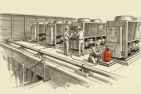 Four air-cooled screw chillers on a plant roof with a technician trim charging the second machine from a cylinder on a scale.