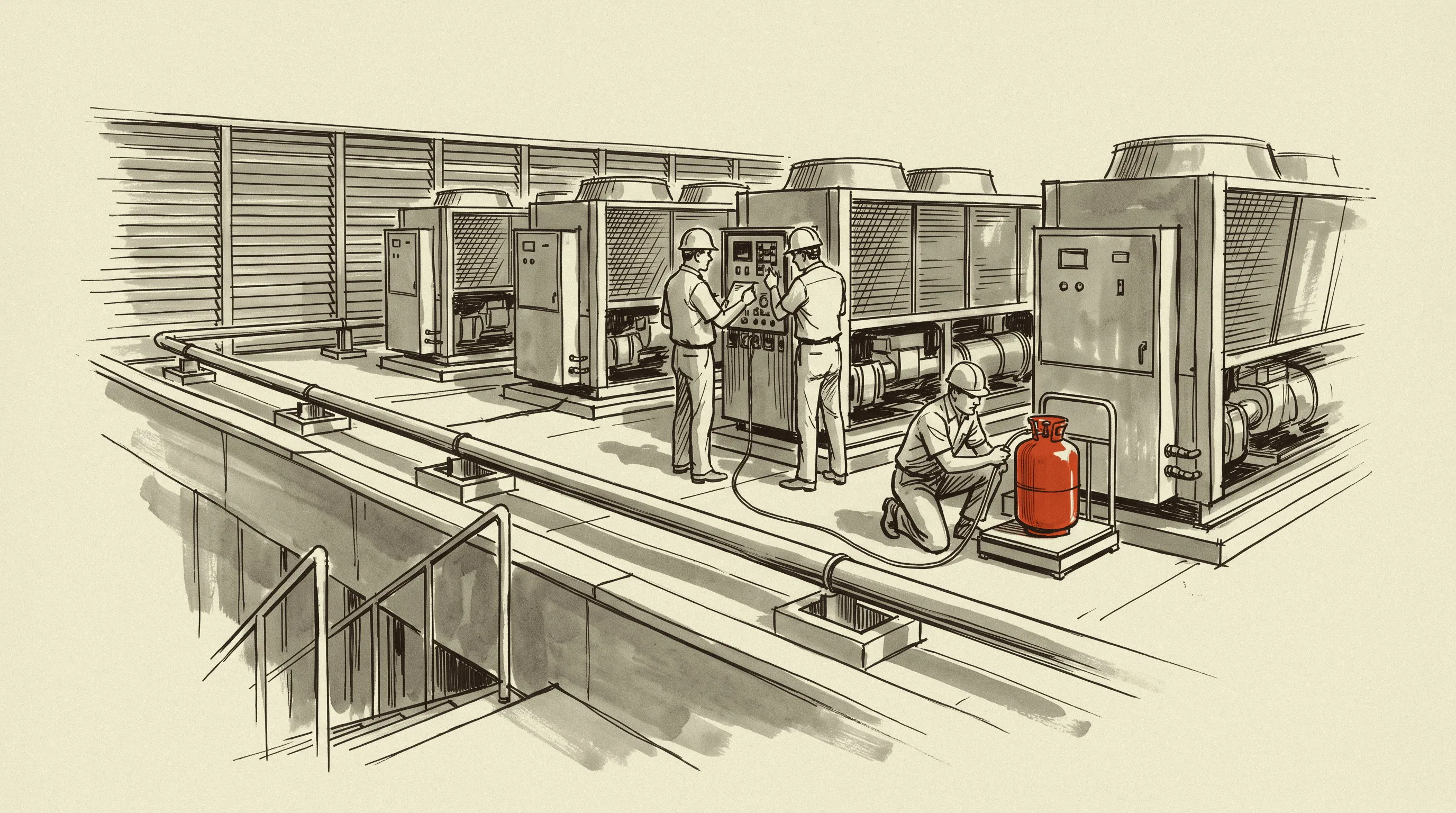Four air-cooled screw chillers on a plant roof with a technician trim charging the second machine from a cylinder on a scale.