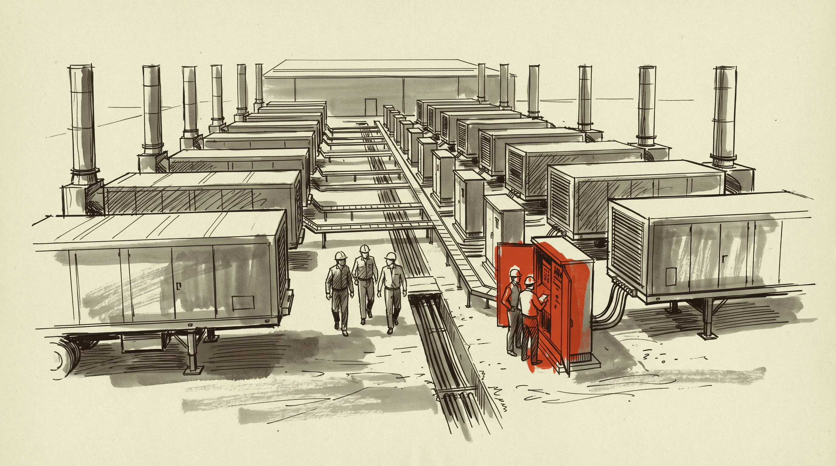 Trailer-mounted turbines and medium-voltage switchgear feeding a datacenter hall from the yard next to it.