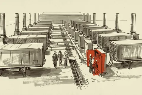Trailer-mounted turbines and medium-voltage switchgear feeding a datacenter hall from the yard next to it.
