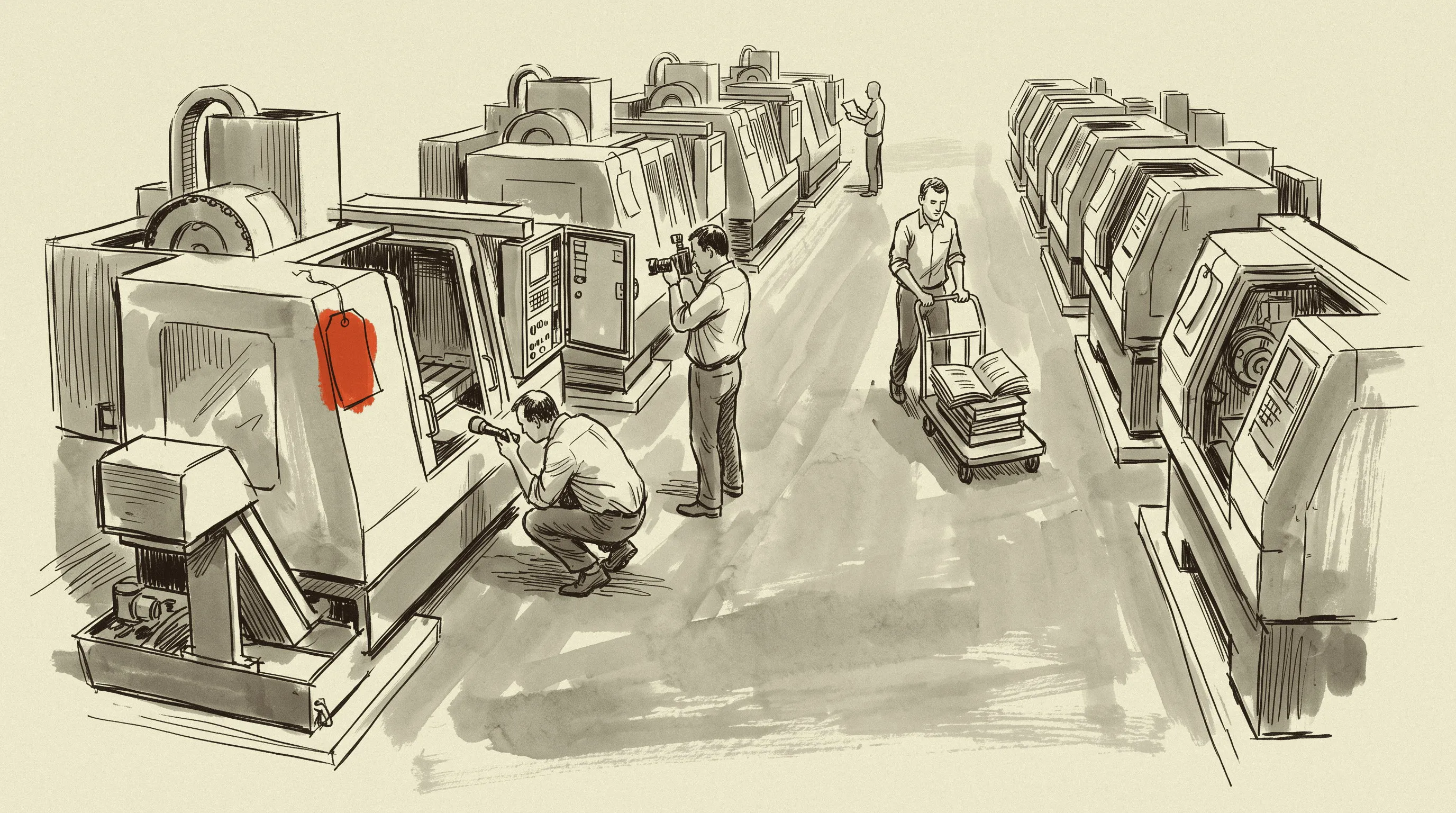 A machine shop being sold off lot by lot, with bidders inspecting machines that are still standing on their pads.