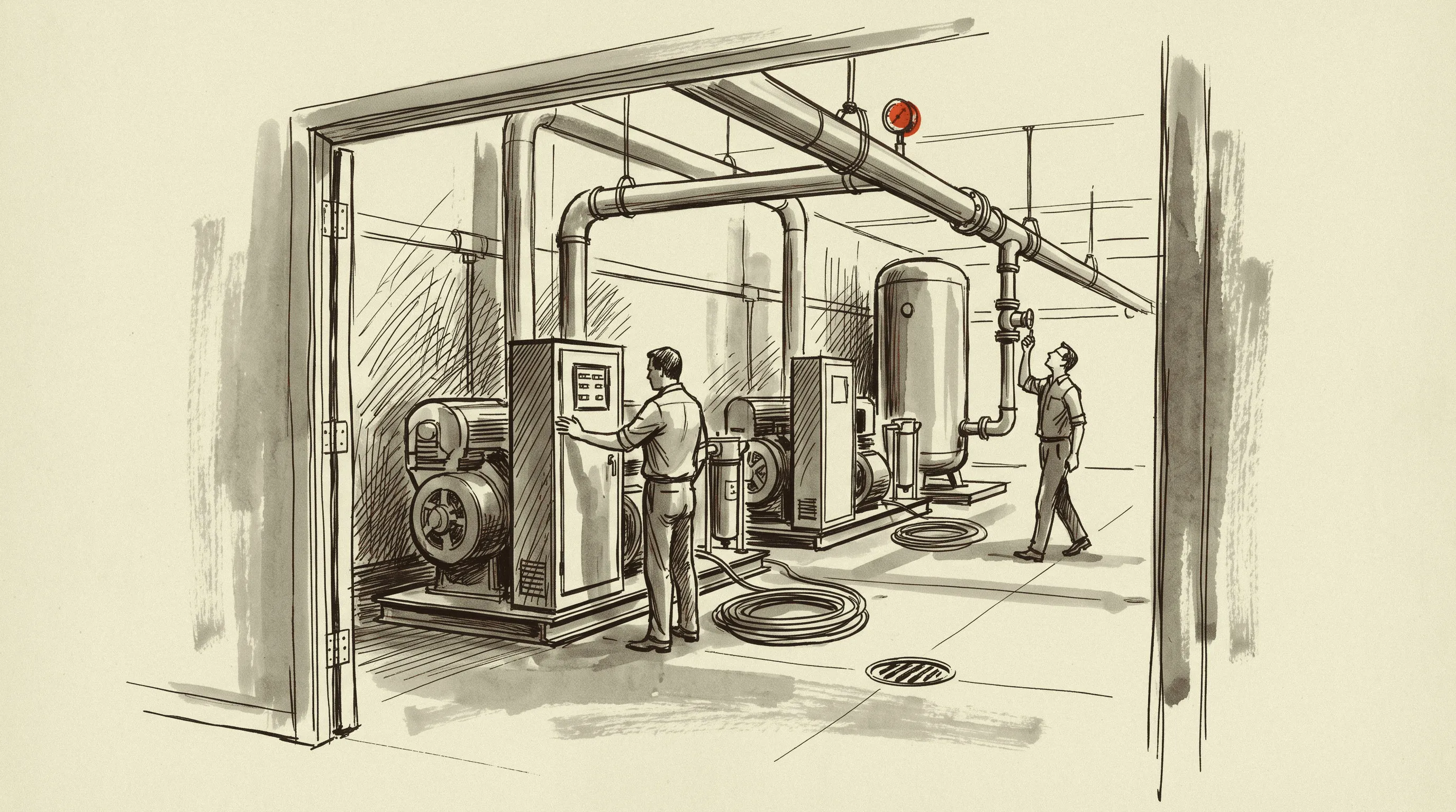 The compressor room of a mid-size plant with two rotary screw packages feeding a common header.