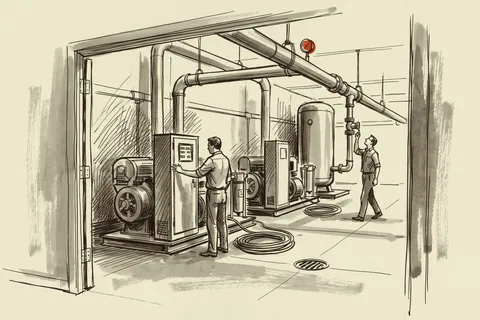 The compressor room of a mid-size plant with two rotary screw packages feeding a common header.