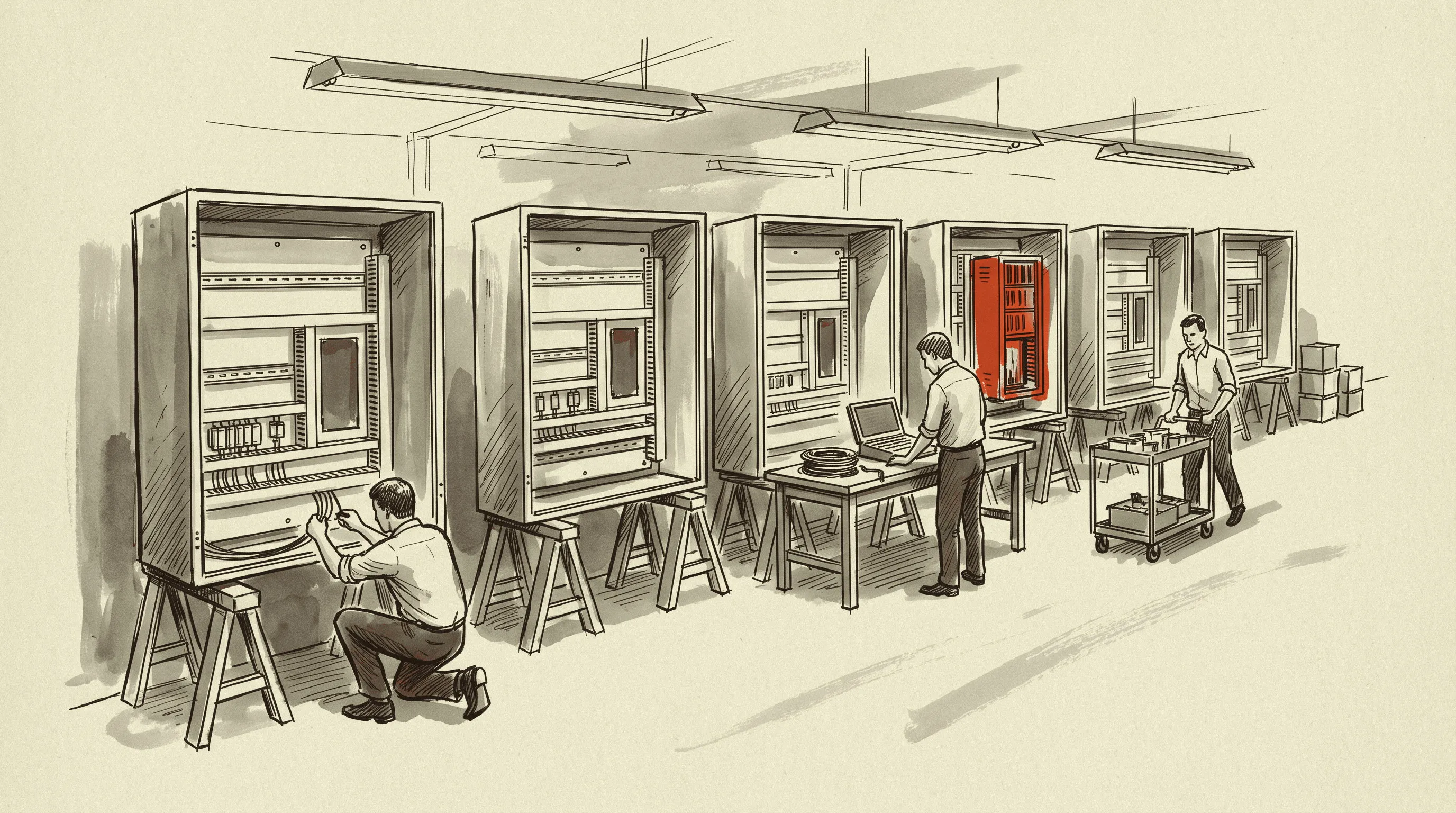 A panel shop building enclosures around the controller racks that have not yet been delivered.