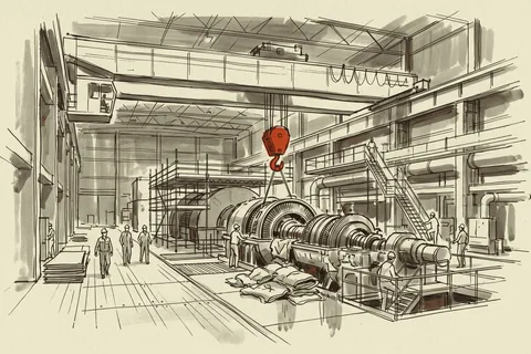 A shut reactor's turbine hall during the work of bringing the unit back to service.