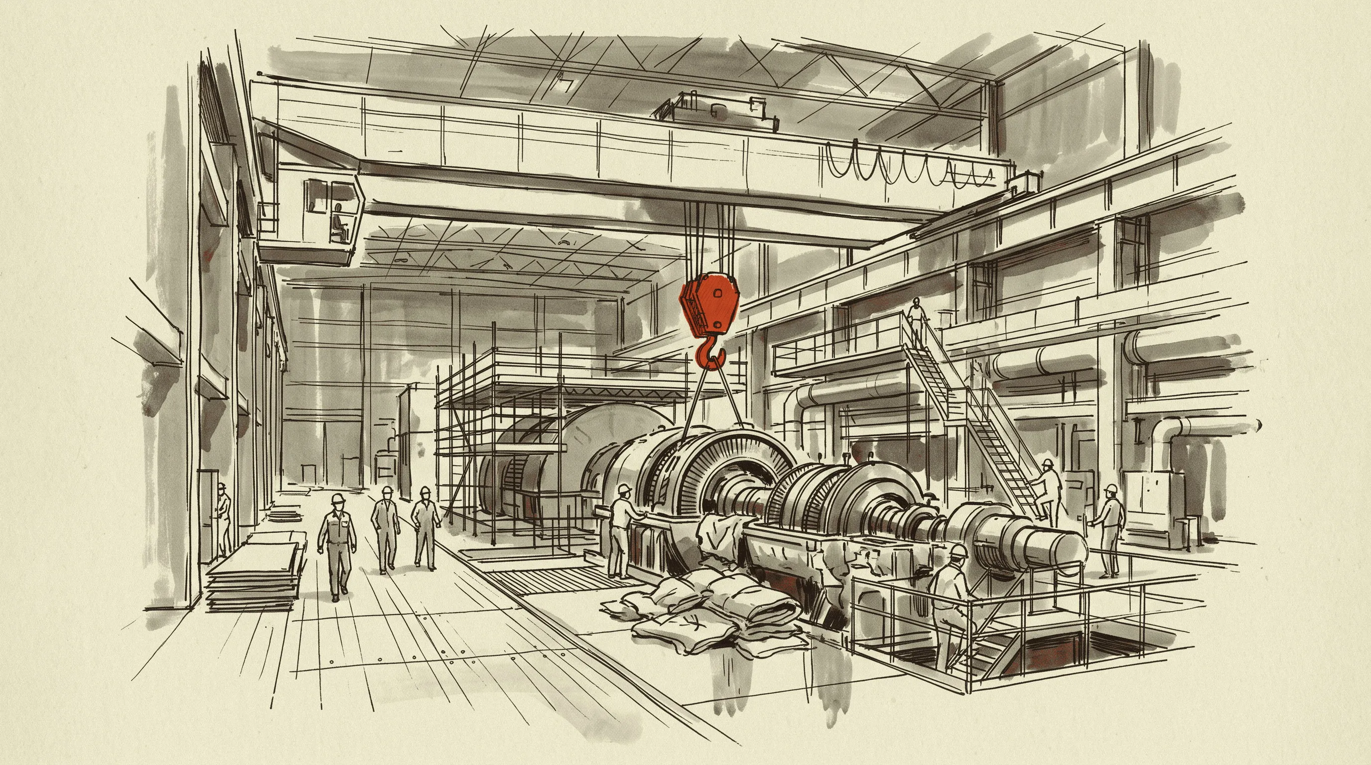 A shut reactor's turbine hall during the work of bringing the unit back to service.