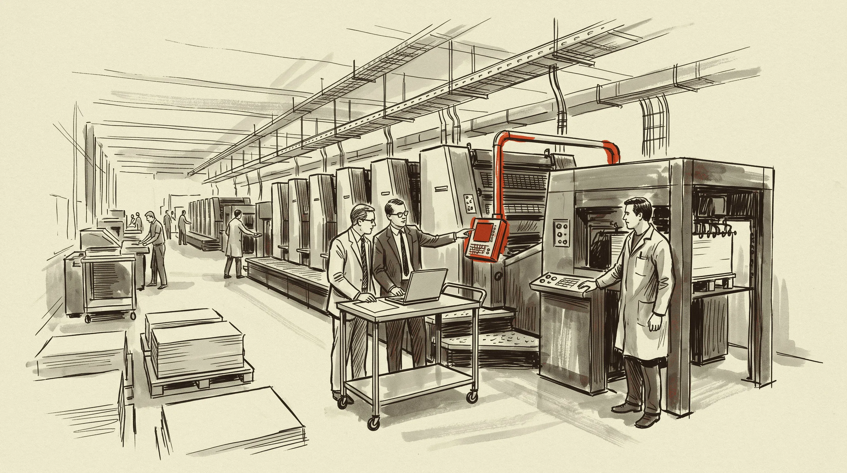 A currency press hall where the plant's machine data is collected at terminals beside each press.