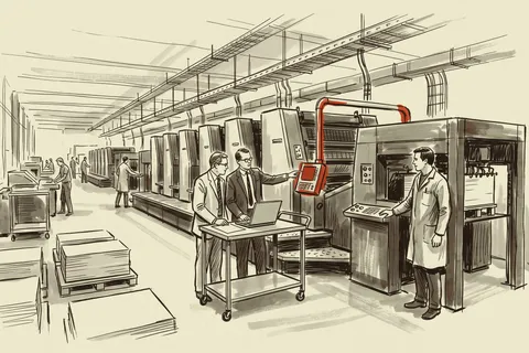 A currency press hall where the plant's machine data is collected at terminals beside each press.