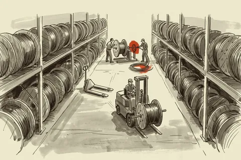 A distributor's reel racks and cut-to-length stand, where a priced pound of copper becomes a priced foot of conductor.