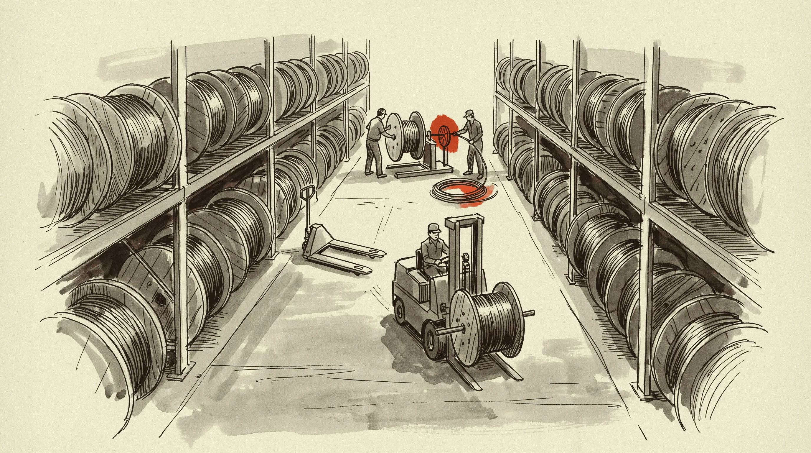 A distributor's reel racks and cut-to-length stand, where a priced pound of copper becomes a priced foot of conductor.