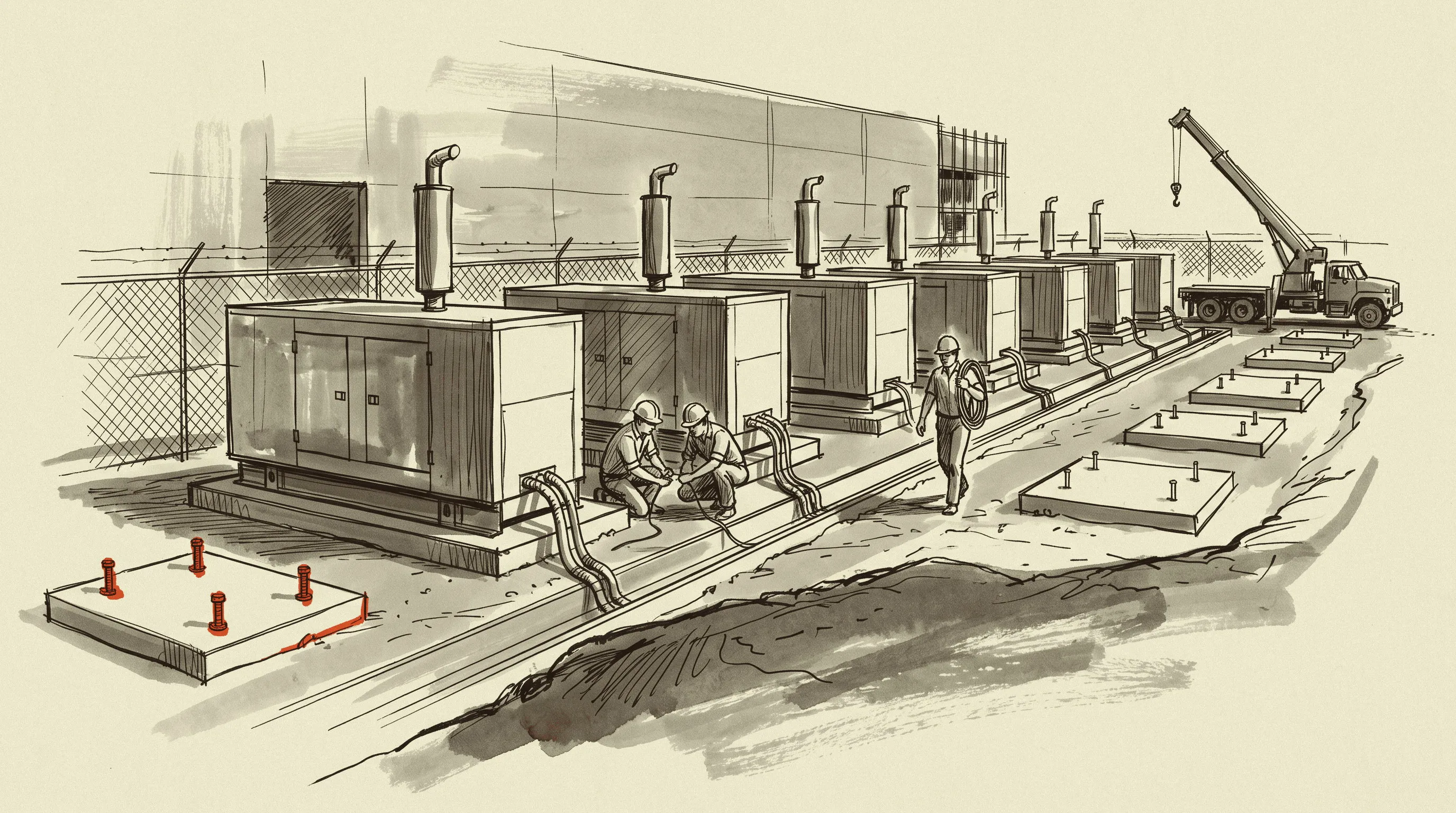 A datacenter generator yard with its last four pads still empty and no units on site to fill them.