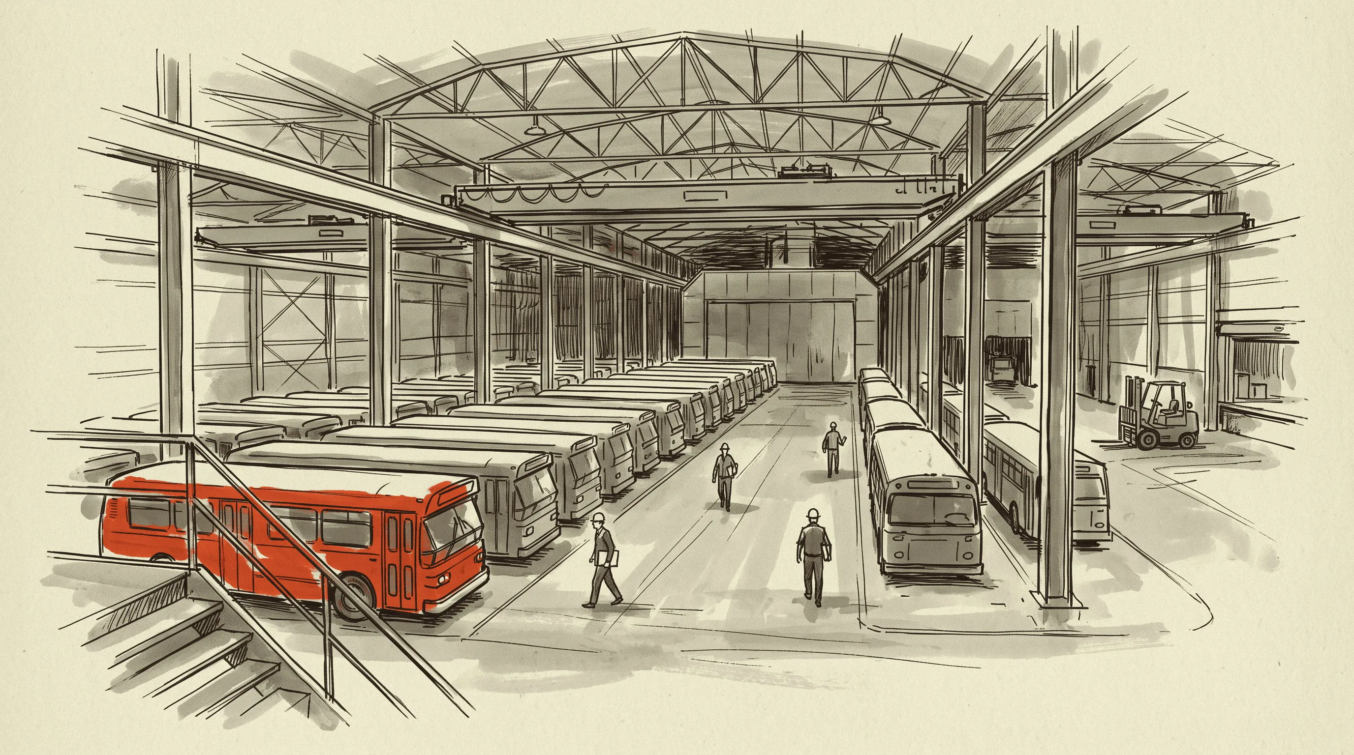 Preview day inside a closed bus plant, where most of the lots are material handling rather than machine tools.