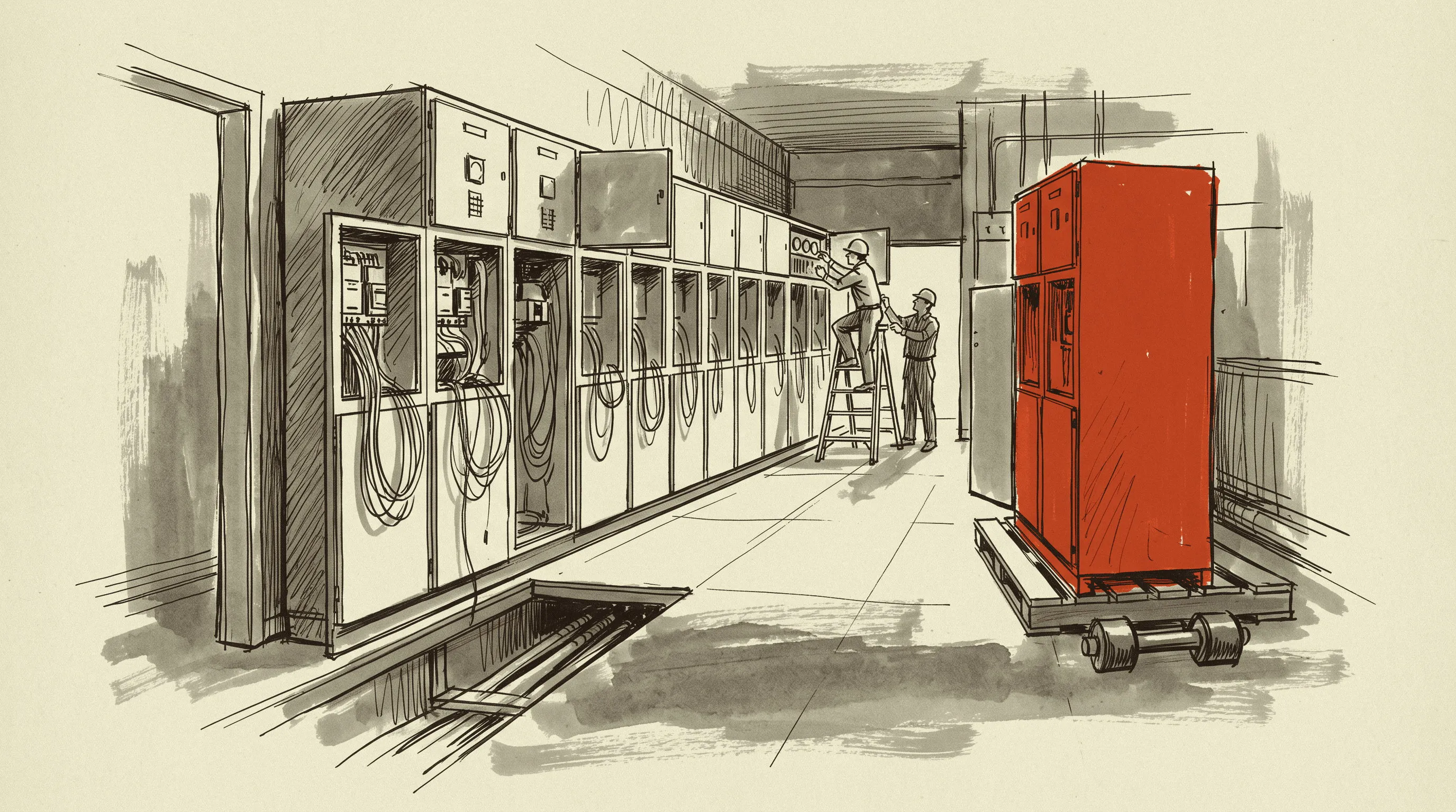 The switchgear lineup going into a substation control house, with one section not yet set in place.
