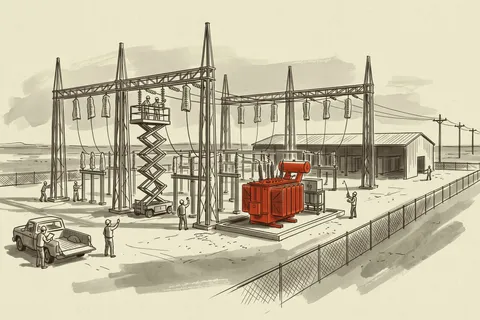 A large load interconnection being built in West Texas, with the transformer set and the switchyard still open.