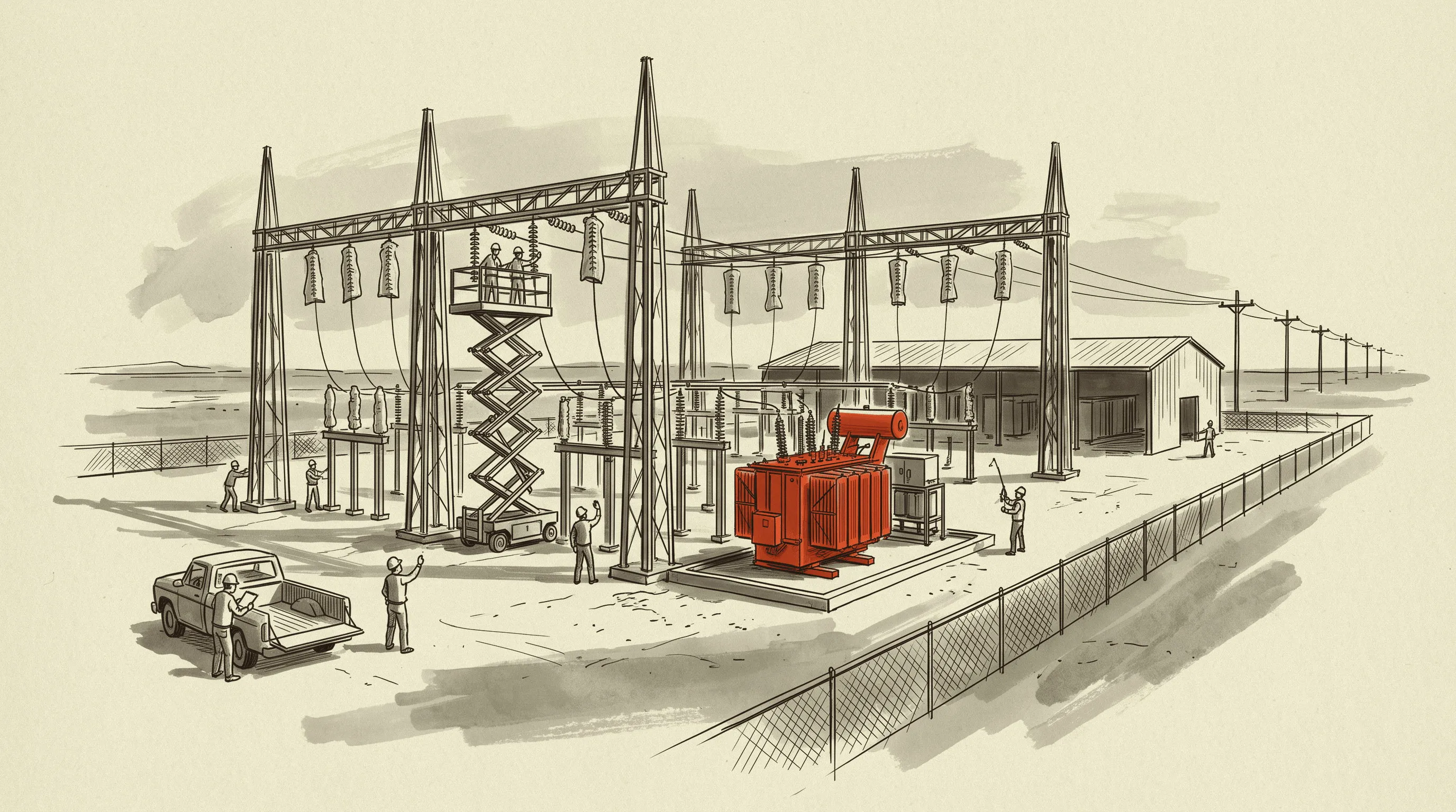 A large load interconnection being built in West Texas, with the transformer set and the switchyard still open.