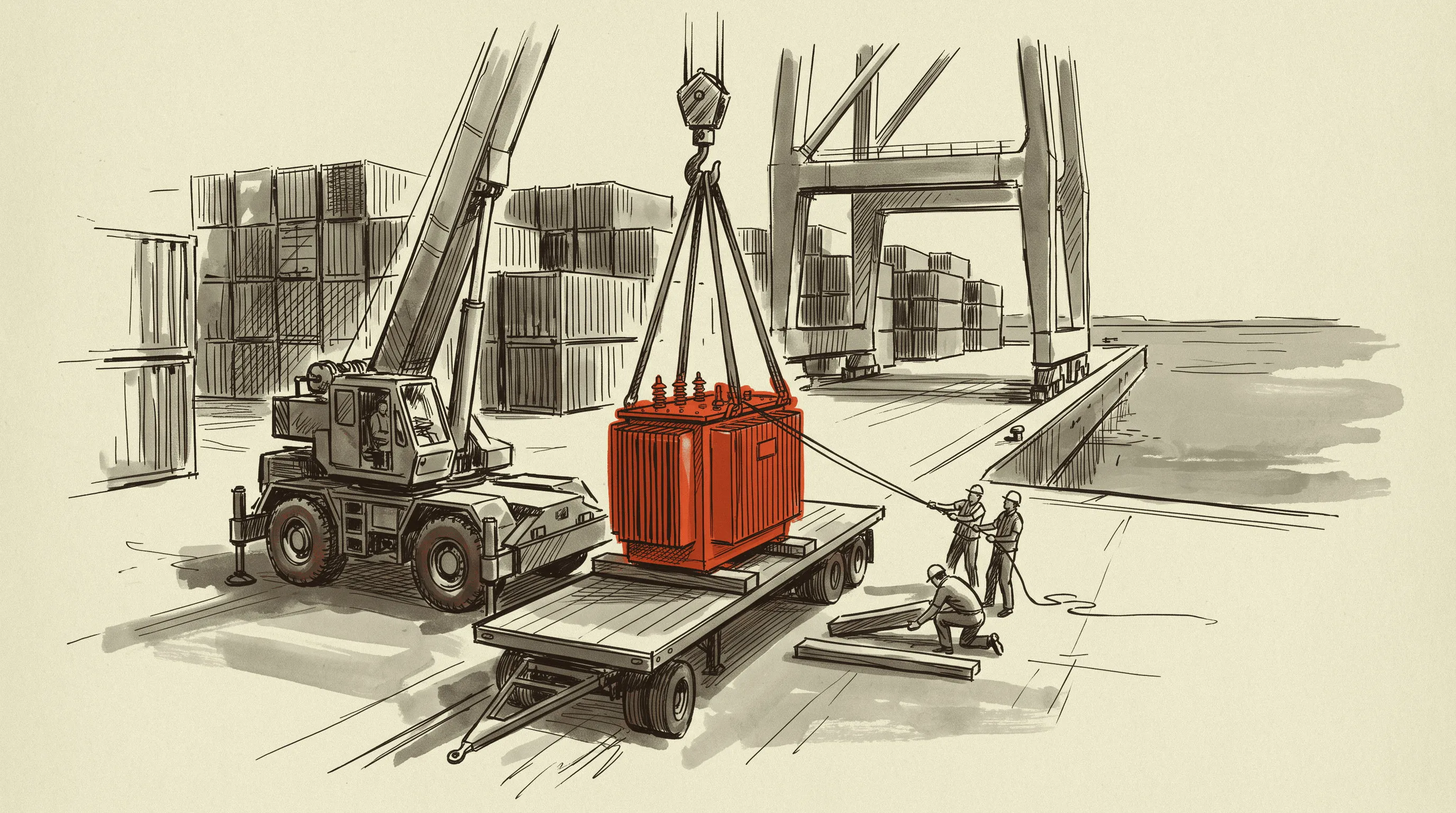 A liquid-filled pad-mount transformer coming off the ship onto a flatbed at a breakbulk berth.
