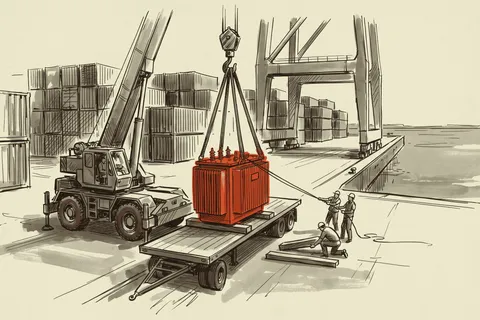 A liquid-filled pad-mount transformer coming off the ship onto a flatbed at a breakbulk berth.