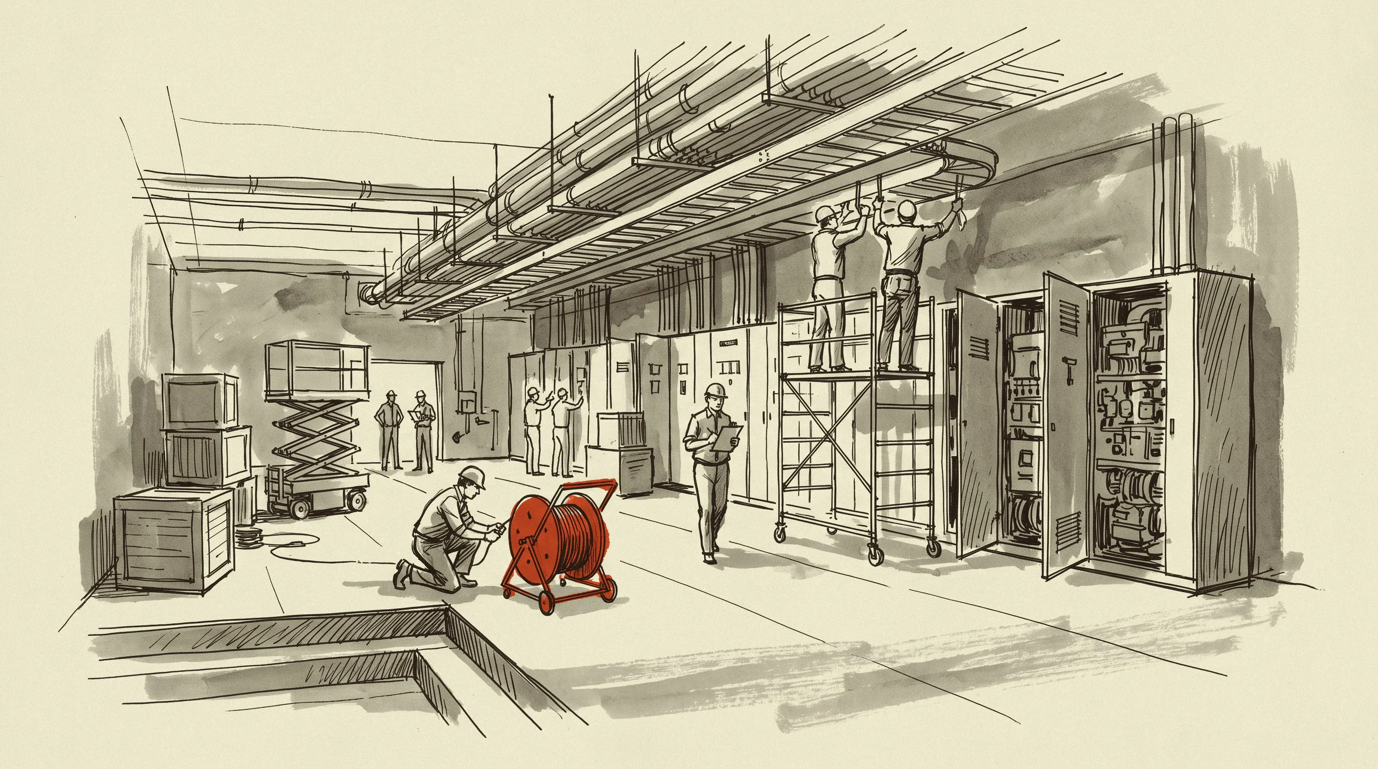 An electrical room under rough-in at a datacenter campus, with the pulling crew working the feeder run.