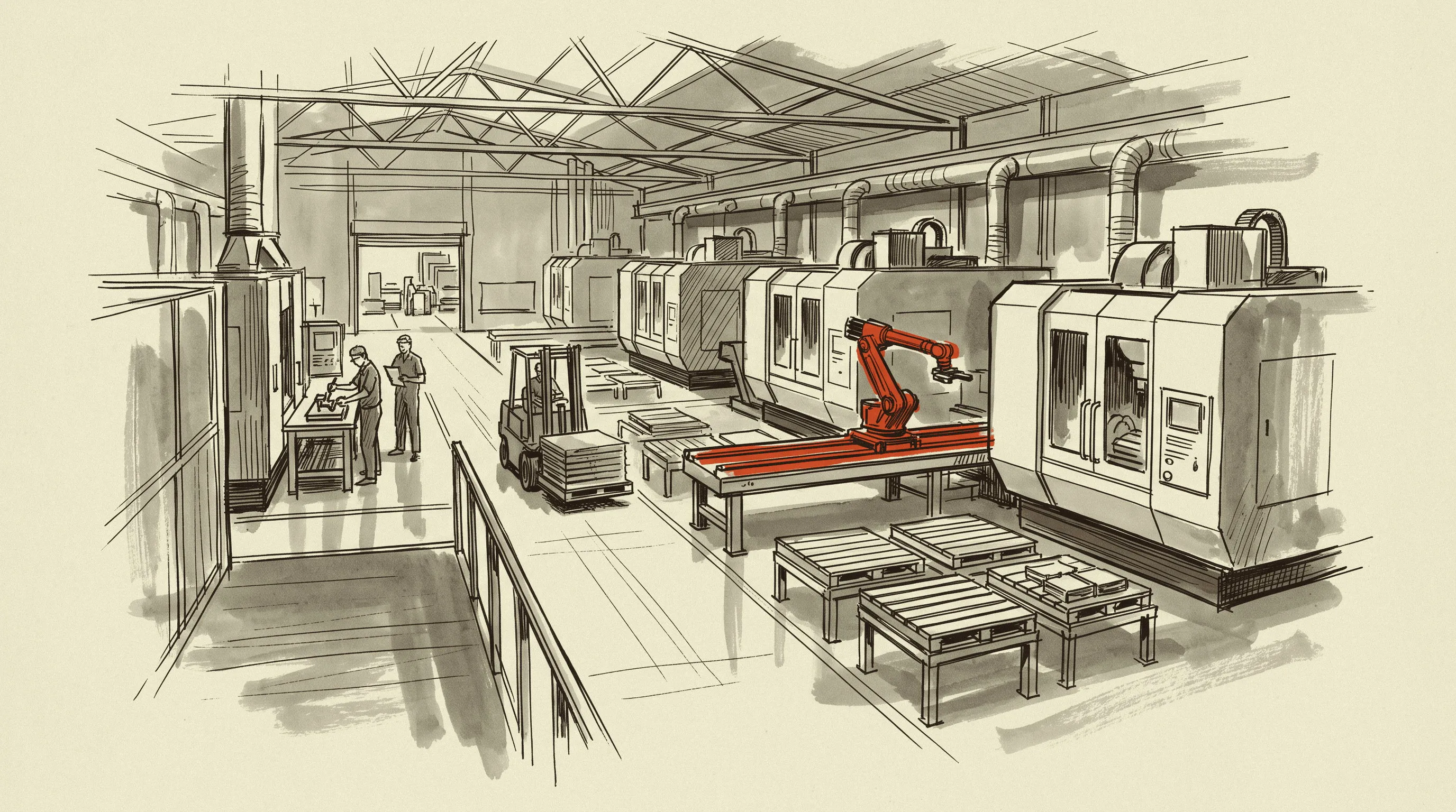A five-axis line at an aerospace supplier with one robot serving two machines and a pallet pool between them.