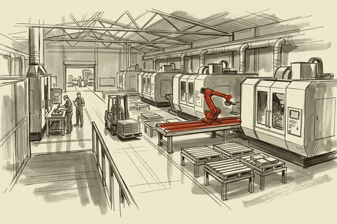 A five-axis line at an aerospace supplier with one robot serving two machines and a pallet pool between them.