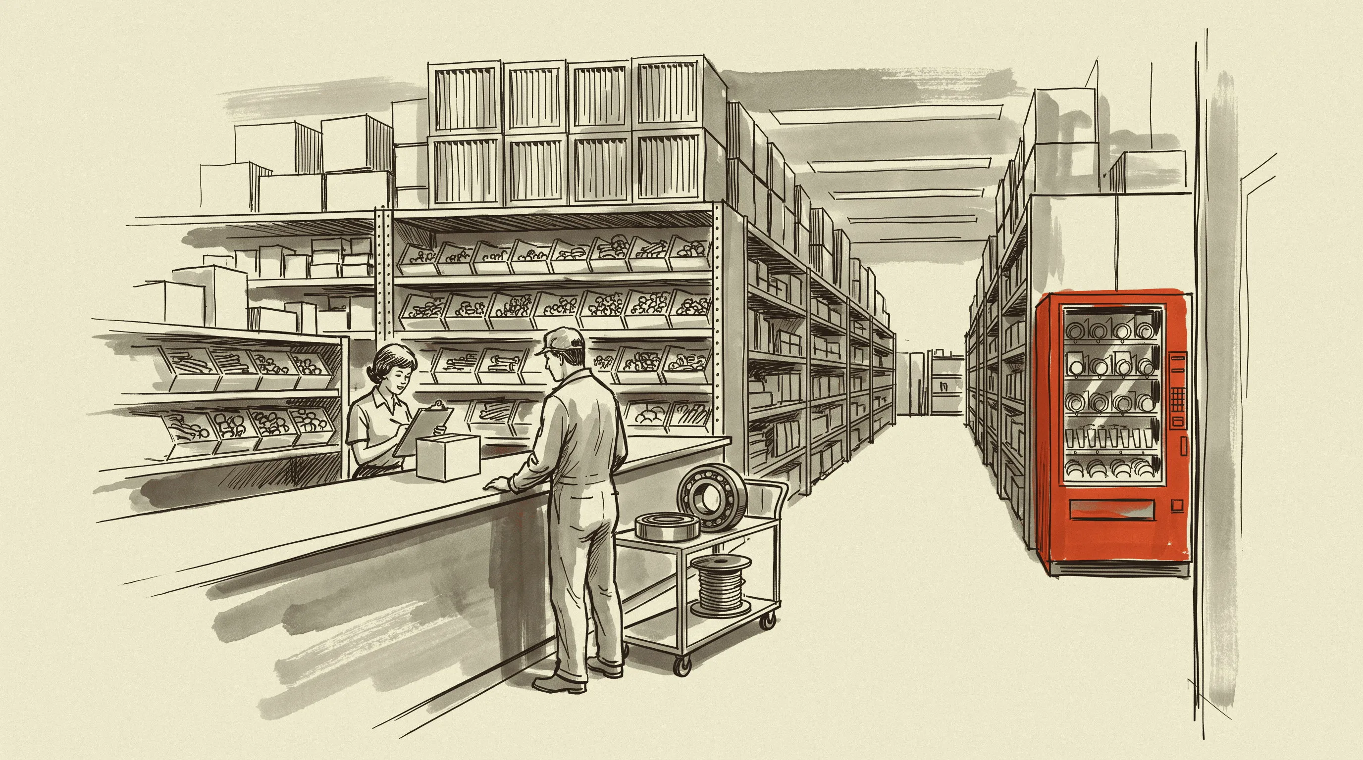 The crib where the fifty items in this basket are actually issued, with the vending machine at the back of the aisle.