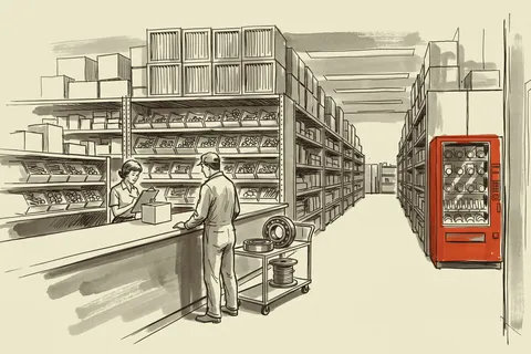 The crib where the fifty items in this basket are actually issued, with the vending machine at the back of the aisle.