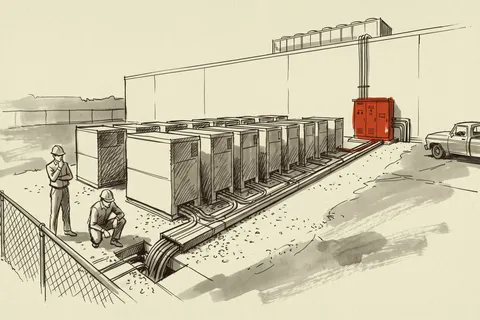 A twelve-unit battery block on its gravel pad outside a data hall, tied to the building through medium-voltage switchgear.