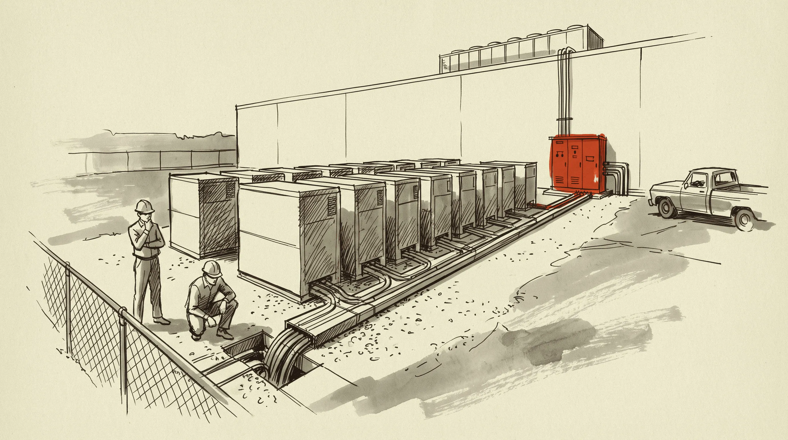 A twelve-unit battery block on its gravel pad outside a data hall, tied to the building through medium-voltage switchgear.