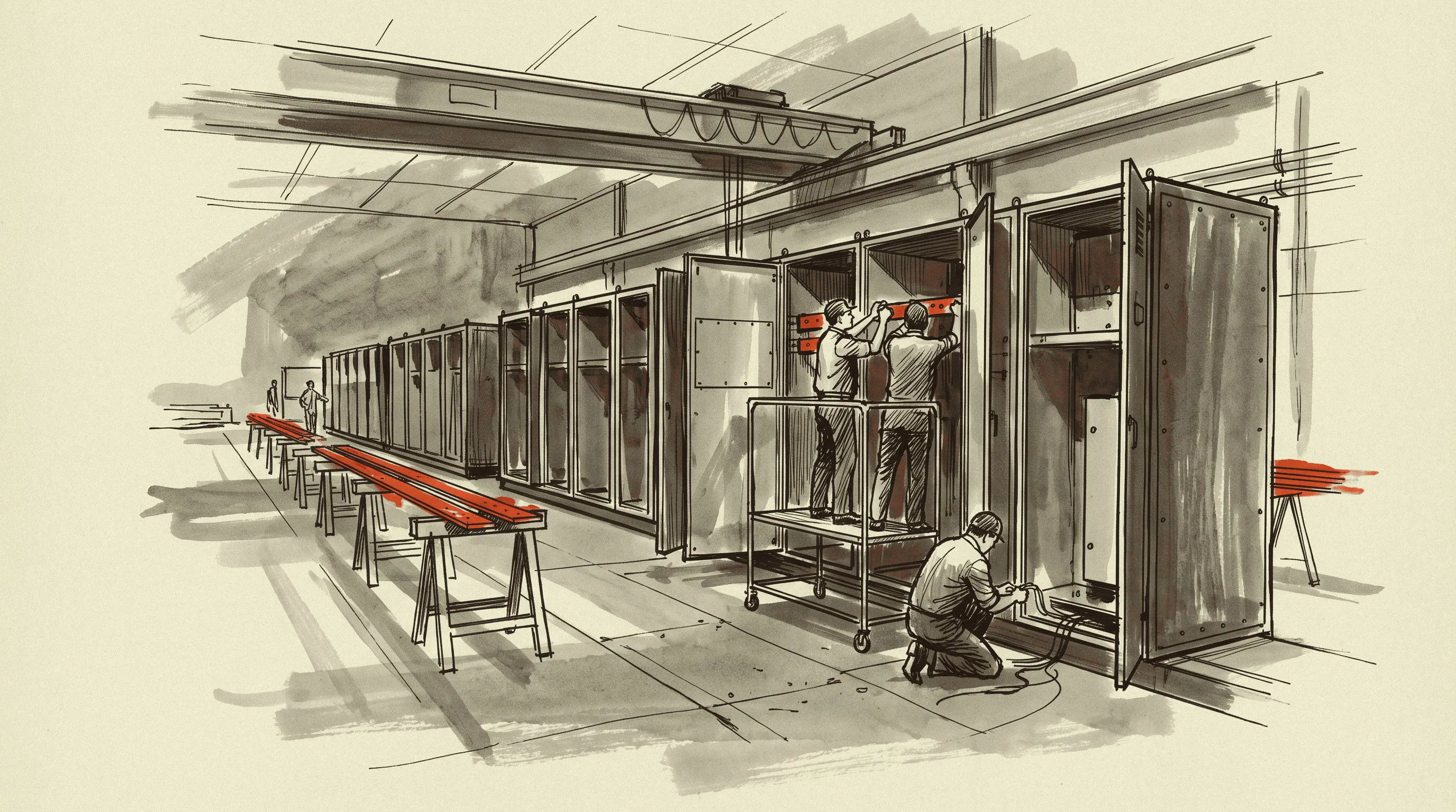 A medium-voltage metal-clad lineup being assembled and bussed on the factory floor.