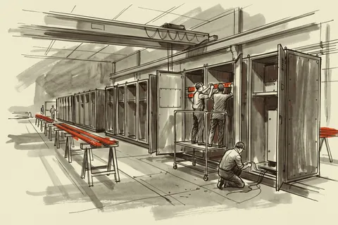 A medium-voltage metal-clad lineup being assembled and bussed on the factory floor.