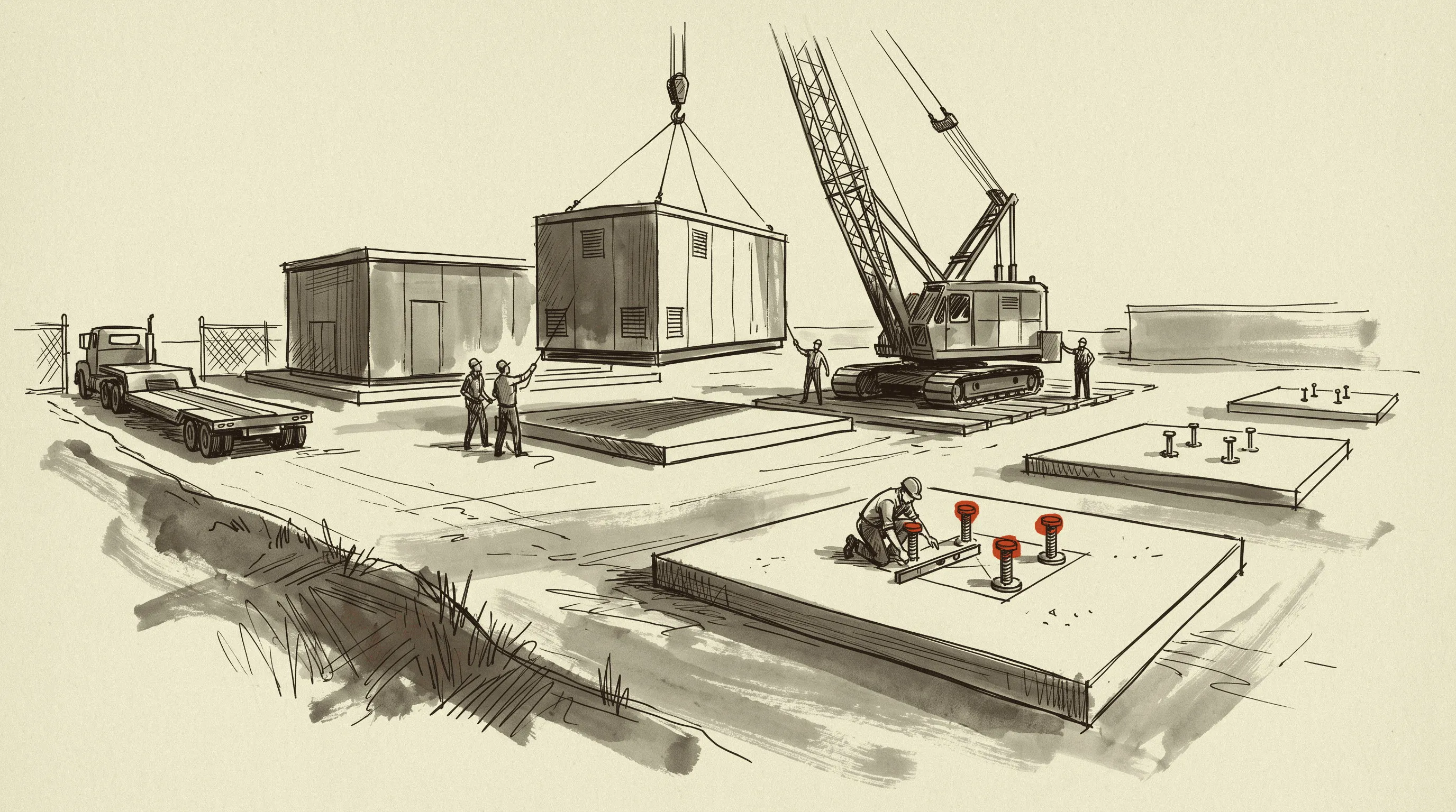 A prefabricated electrical house being set on its pad while the next two pads stand empty and bolted.