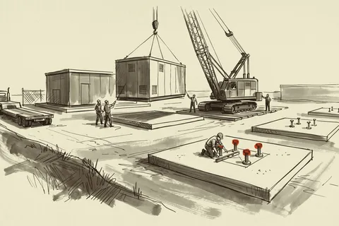 A prefabricated electrical house being set on its pad while the next two pads stand empty and bolted.