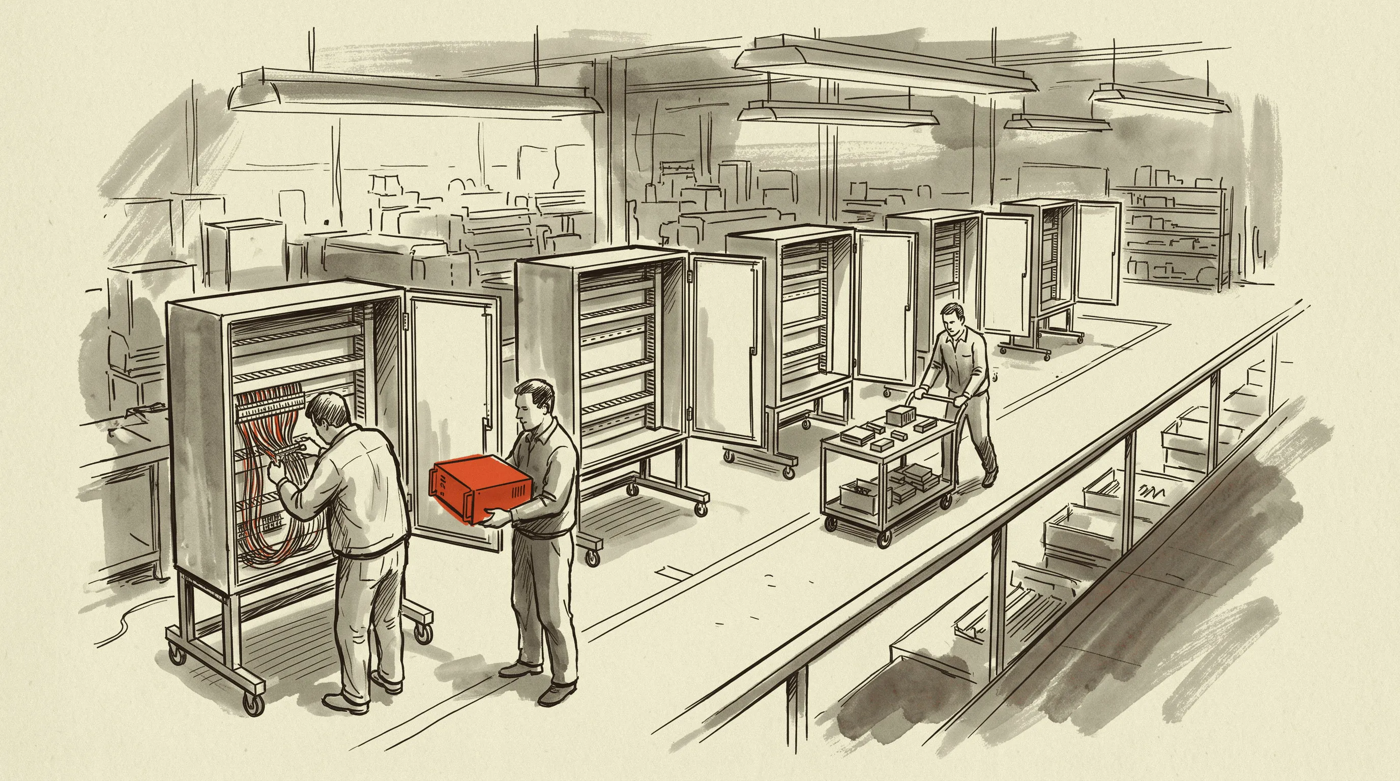 A panel shop wiring programmable controller cabinets, the point where a list price adder reaches a bill of materials.