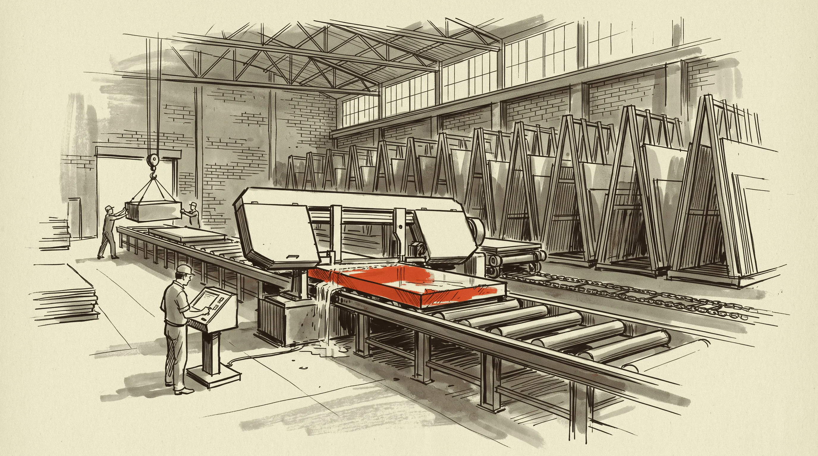 A horizontal band saw cutting thick aluminum plate to size on a roller table in a converted factory floor, stock racked on edge behind it.