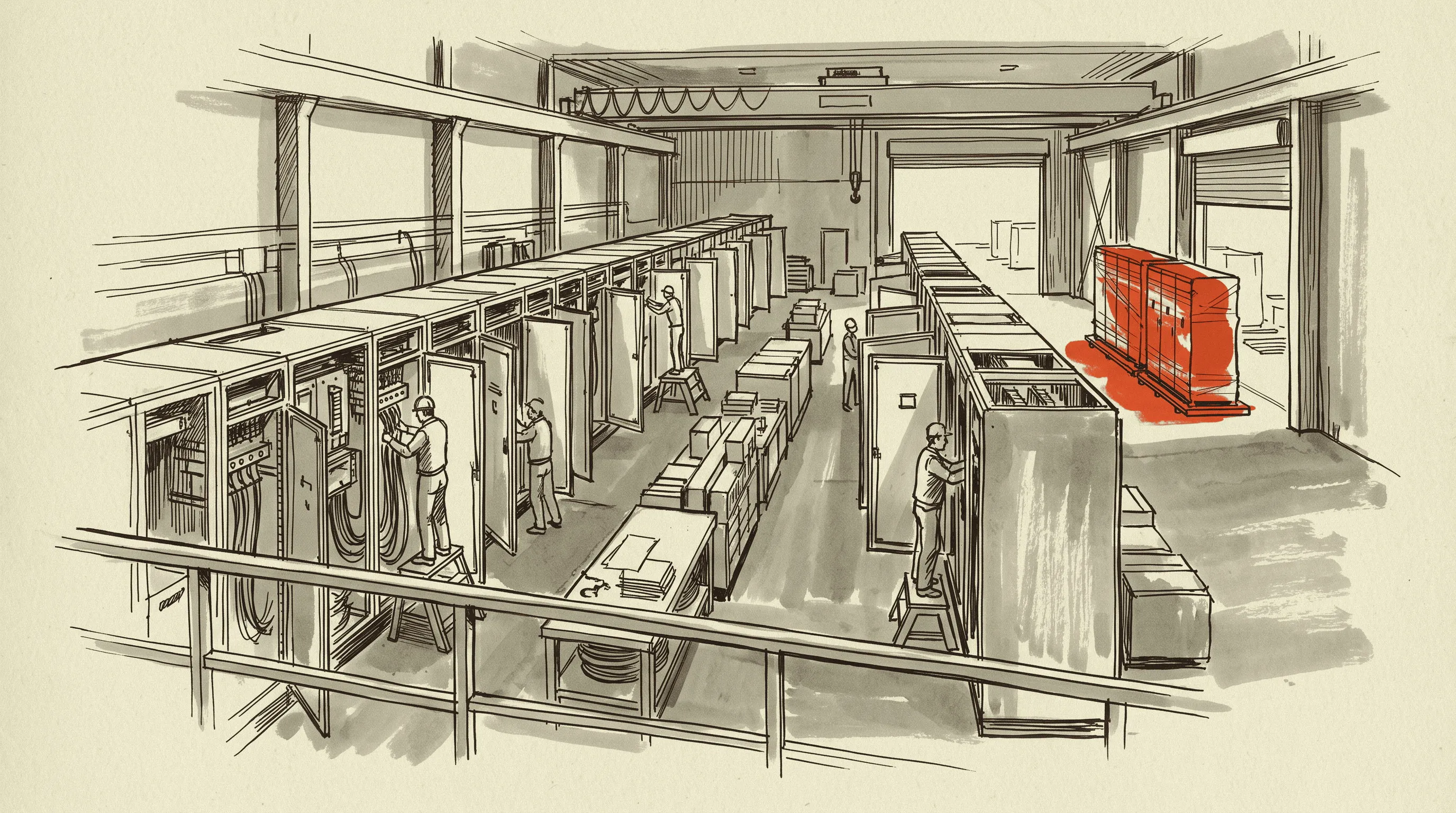 The assembly bay where quarterly orders become quarterly shipments, with one completed lineup packed for dispatch.