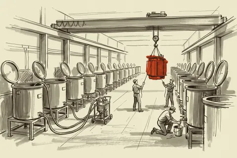 A pad-mount transformer core and coil lifted out of its tank in a remanufacturing bay.