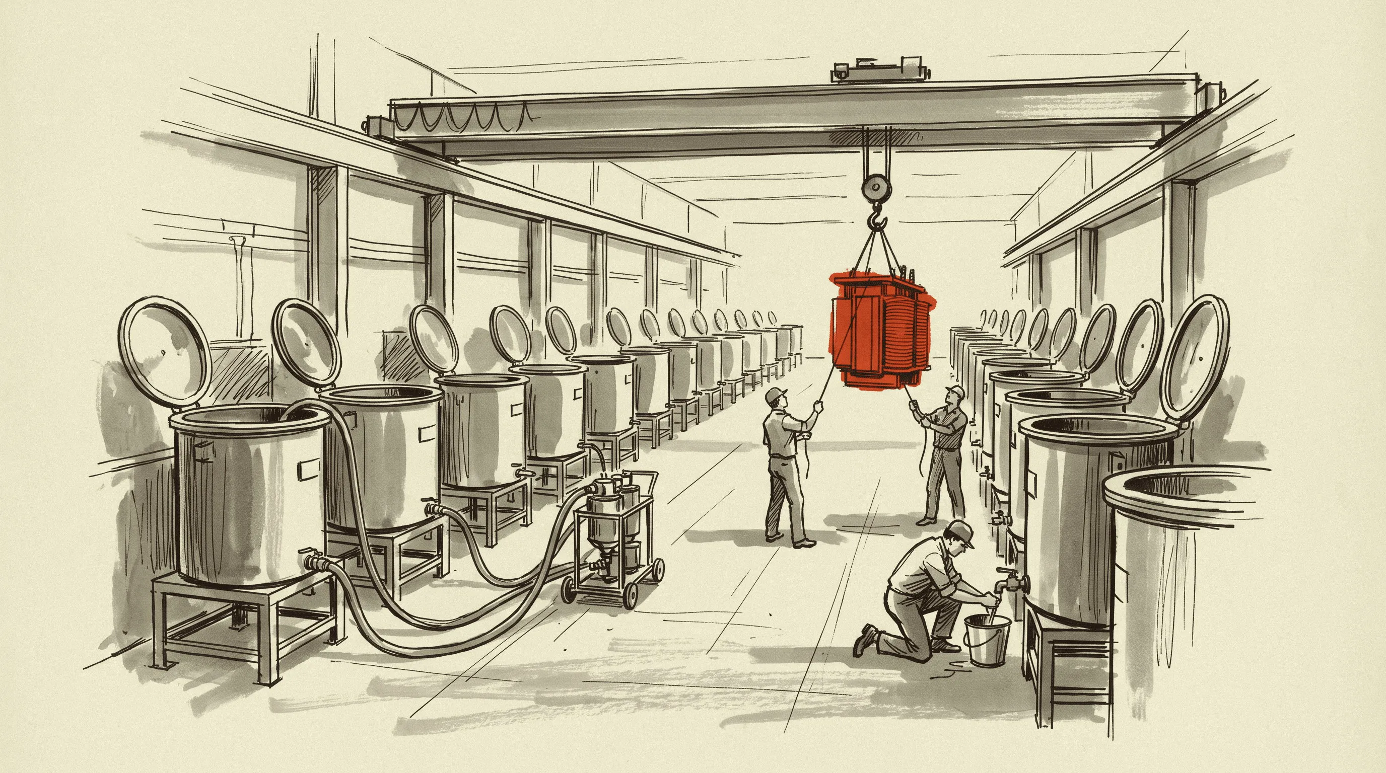 A pad-mount transformer core and coil lifted out of its tank in a remanufacturing bay.