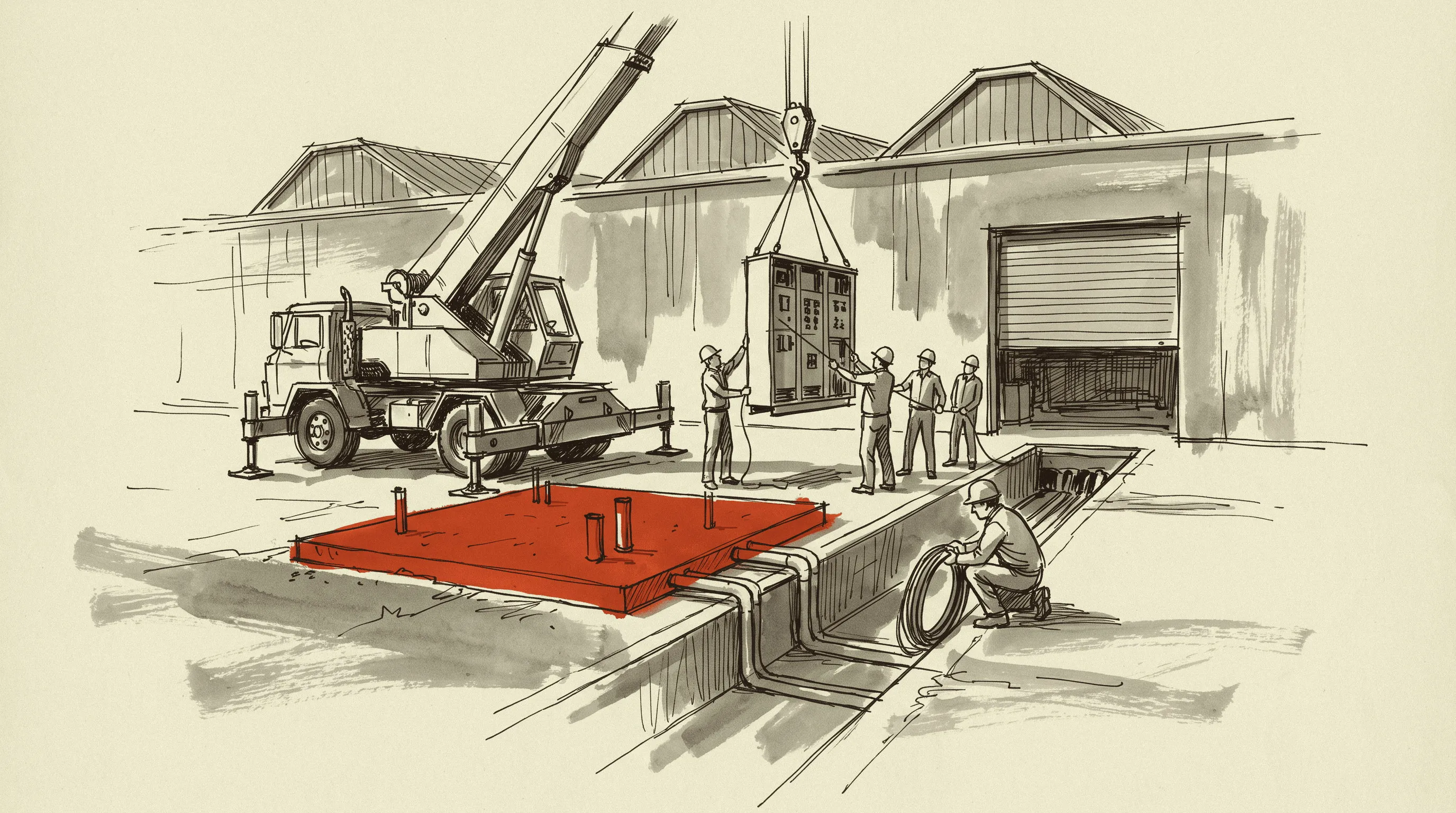 The switchgear arrives on the crane while the pad built for the utility's transformer stands empty.
