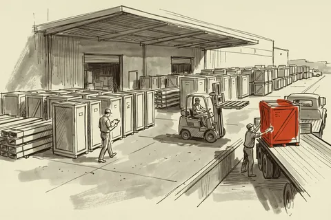Finished power and cooling equipment staged in a plant shipping yard, with one crate being loaded onto a trailer.