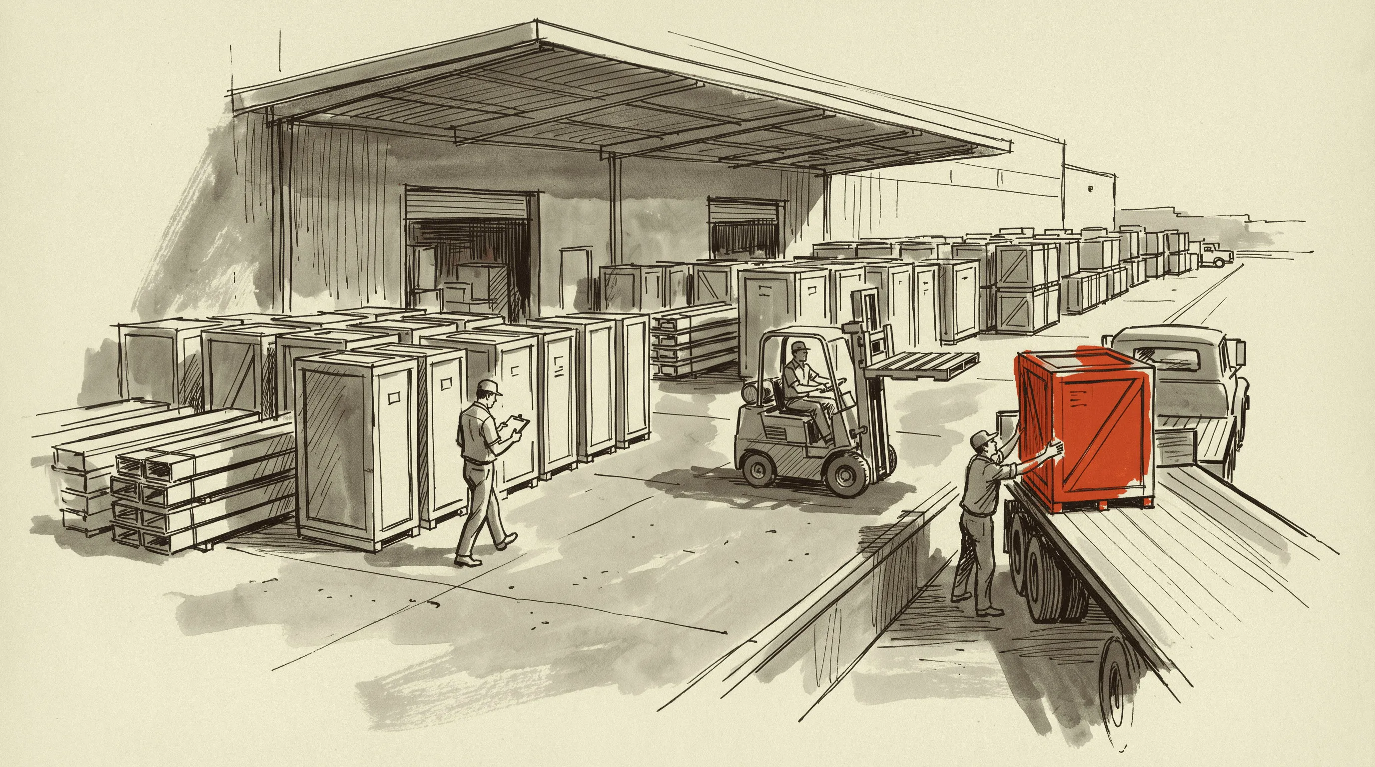 Finished power and cooling equipment staged in a plant shipping yard, with one crate being loaded onto a trailer.