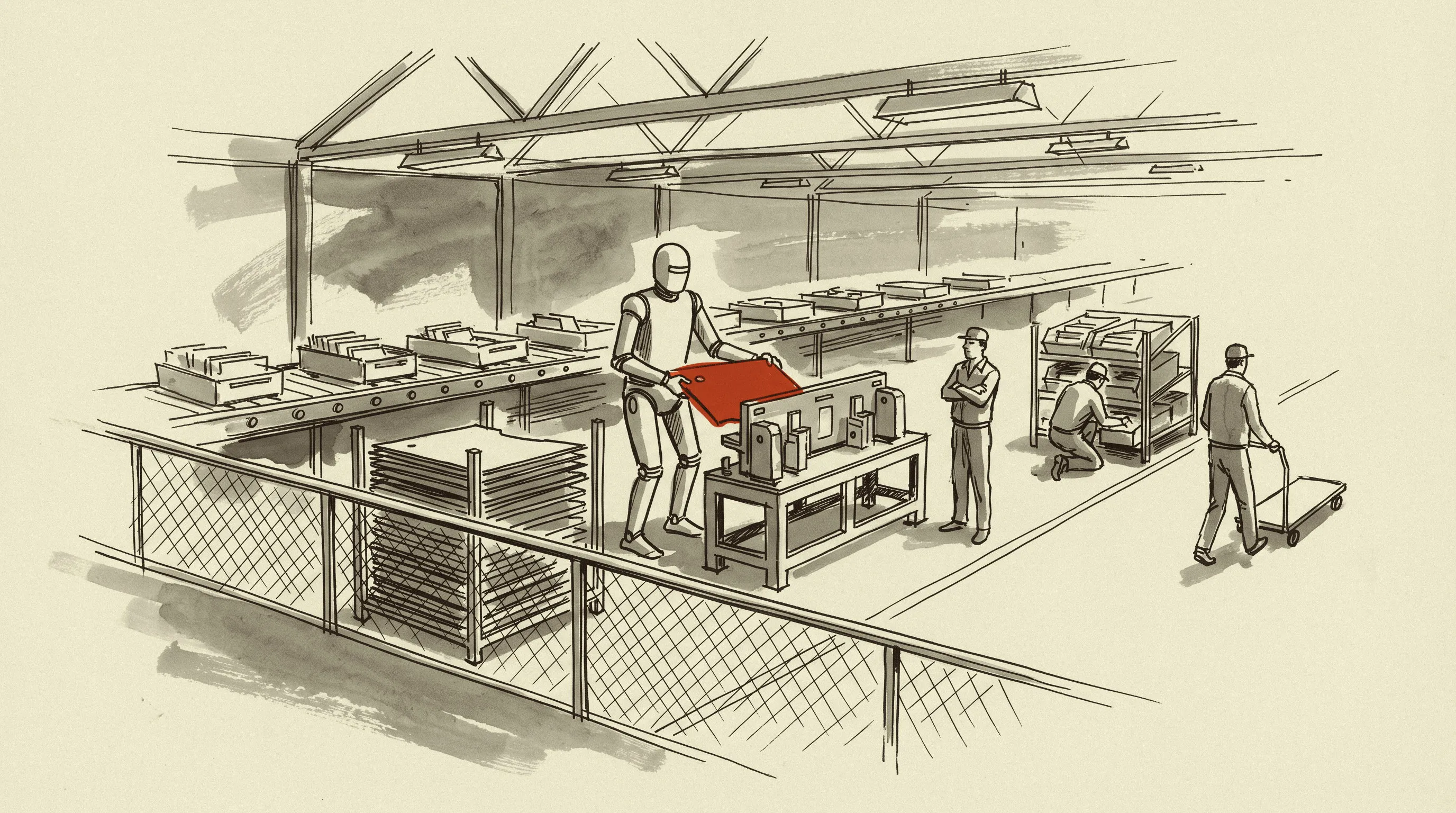 A humanoid robot loading a sheet-metal part into a fixture at a body-shop station while operators watch from the aisle.