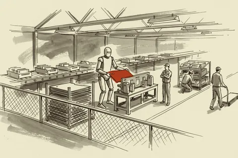 A humanoid robot loading a sheet-metal part into a fixture at a body-shop station while operators watch from the aisle.
