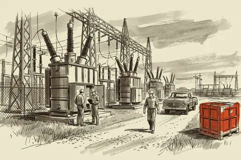 A distribution switchyard with a newly delivered breaker still crated at the roadside.