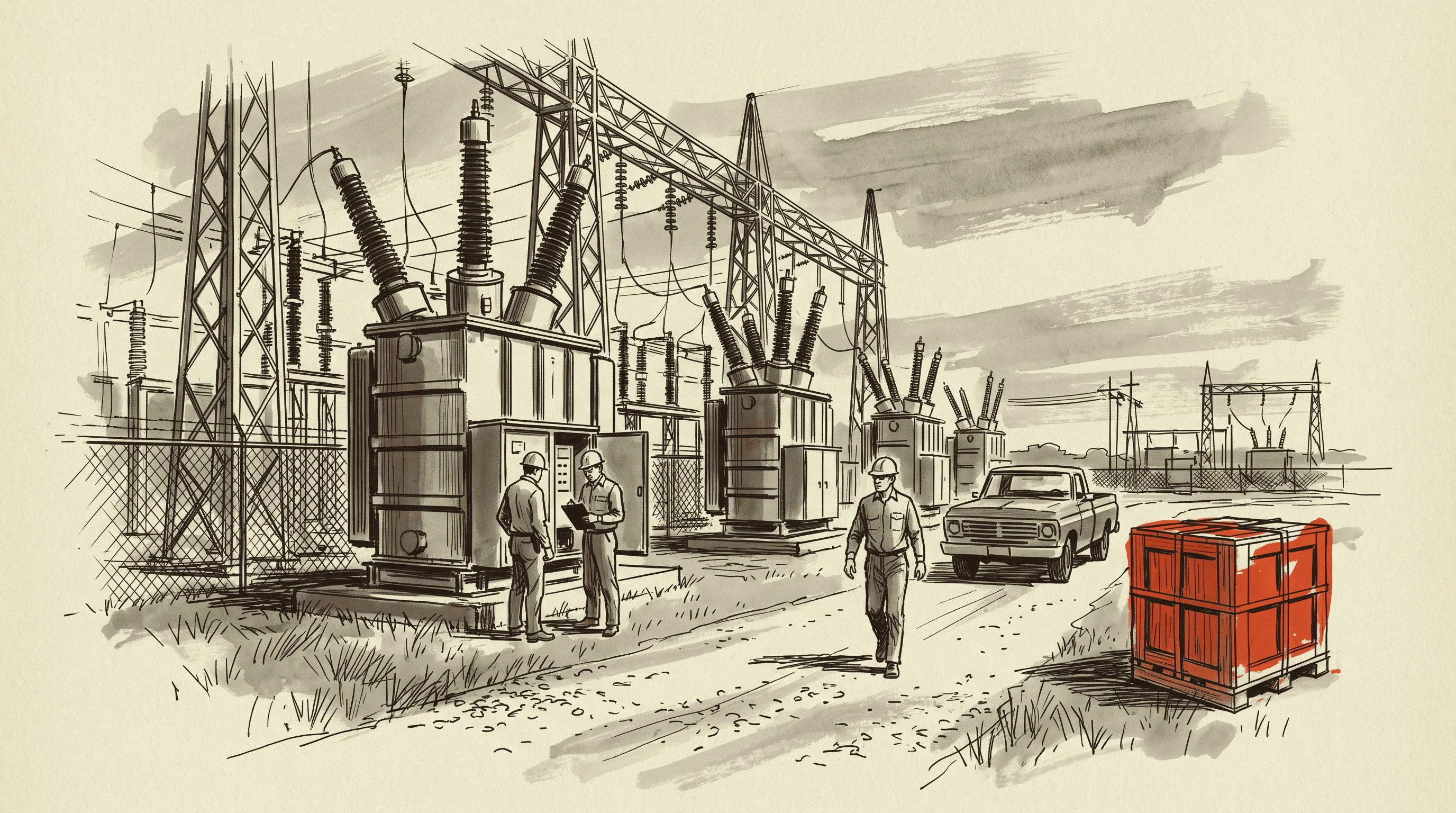 A distribution switchyard with a newly delivered breaker still crated at the roadside.